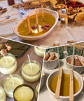 Collage of candle making using Candle Making Starter Kit With 130 Pieces Wicks And Full Tool Set For DIY Soy And Beeswax Candles.