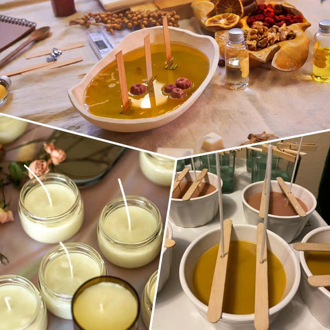 Collage of candle making using Candle Making Starter Kit With 130 Pieces Wicks And Full Tool Set For DIY Soy And Beeswax Candles.