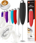 Various colored handheld electric milk frother wands for coffee at home, battery operated drink mixers for lattes and more.