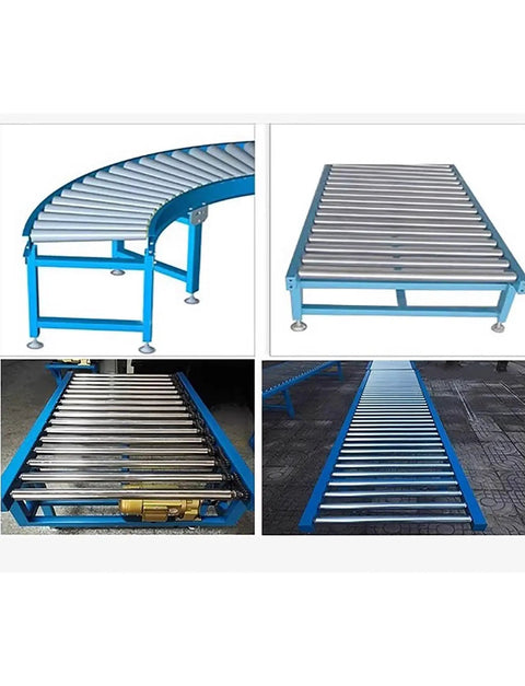 Heavy Duty Galvanized Conveyor Rollers Built Like A Tank For Smooth Warehouse Material Handling And Assembly Lines. Various angles shown.