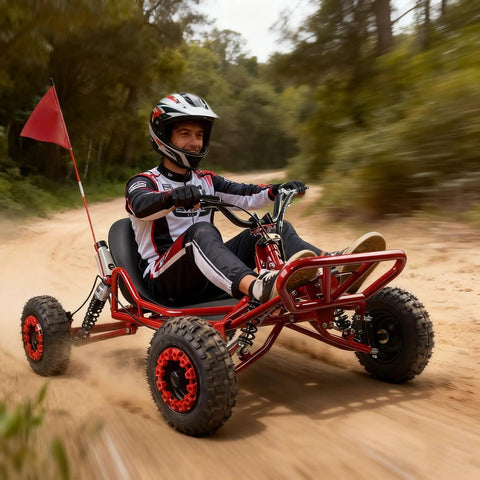 Rider on Rugged 64cc Two Stroke Gas Go Kart With Two And A Half HP Hydraulic Disc Brake Steel Tubular Frame Six Inch All Terrain Tires 265 Pound Load Capacity For Off Road Adventures on dirt path