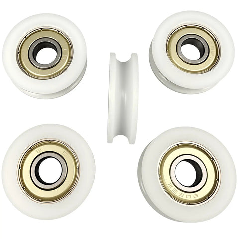 Top Shelf Quiet Nylon U-Groove Pulley Roller Wheels With Deep Groove Ball Bearings For Heavy Duty Sliding Doors and Slick Gym Cable Track Systems With Durable 8X30X10MM Guide Rollers, featuring white nylon wheels.
