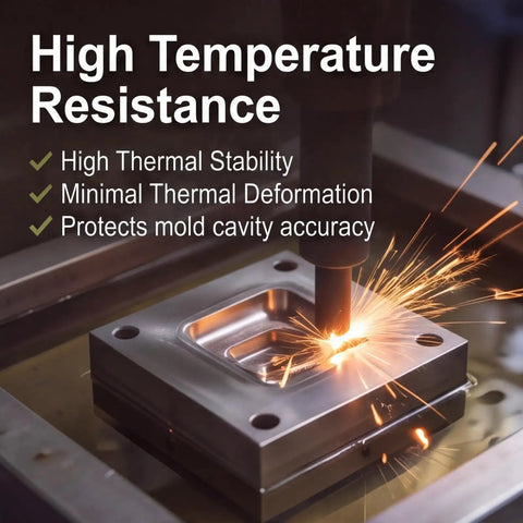 High temperature resistance in action with spark generation during precision machining on solid graphite block.