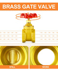 1 Inch Brass Industrial Gate Valve With Wheel Handle, Full Bore design, shows valve open and closed positions for water oil gas