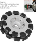Built Tough Double Aluminum Omnidirectional Wheel With Twenty Two Rubber Rollers 127mm Diameter and Forty Six Pound Load Rating for Hassle Free Robotics Builds and Smooth Side To Side Rolling, showing rubber rollers and bearings.