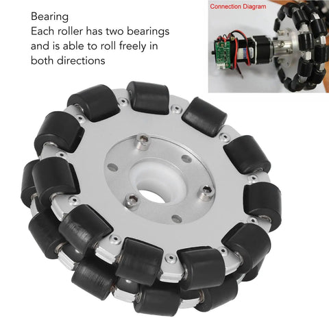 Built Tough Double Aluminum Omnidirectional Wheel With Twenty Two Rubber Rollers 127mm Diameter and Forty Six Pound Load Rating for Hassle Free Robotics Builds and Smooth Side To Side Rolling, showing rubber rollers and bearings.