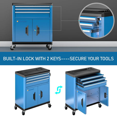 No Brainer Heavy Duty Rolling Tool Chest With Three Spacious Drawers And Double Doors smooth roll casters blue gear rig with secure lock