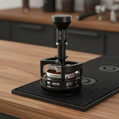 Slap On This Game Changing Espresso Pin Distributor And Coffee Wedge Tool That Knocks Out Clumps And Spreads Grounds Flawlessly For Barista Level Shots Without Breaking A Sweat At Home Or The Cafe In Sleek Black And 58mm on a wooden countertop.