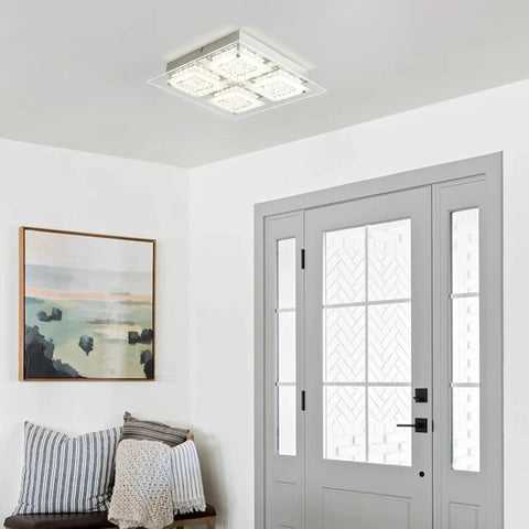 LED Crystal Flush Mount Ceiling Light Dimmable Glass Fixture Dope Look For Kitchen Island Hallway Bedroom And Bathroom Modern Square Design 4000K 24W High Refractive Crystal For Elegant Home Lighting