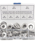 Premium Metric Wave Spring Washer Assortment Kit 304 Stainless Steel 385 Piece Set in storage case with various sizes.