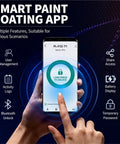 Smart Pain Coating App interface showing battery status and features like Bluetooth unlock and user management.