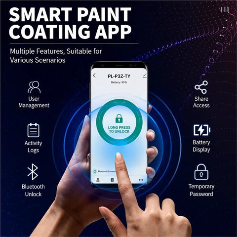 Smart Pain Coating App interface showing battery status and features like Bluetooth unlock and user management.