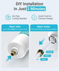 Top Shelf Inline Water Filter For Ice Makers And Fridges Smooth Flow One Quarter Inch Tubing RV Camper Compatible showing water inlet and outlet installation.