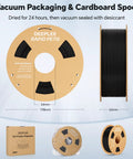 Premium 1.75mm PETG Filament Two Kilogram Spool In Bold Brown Color showcasing vacuum packaging and dimensions.