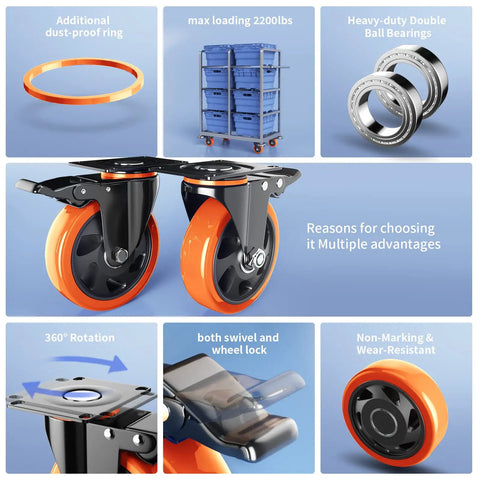 Tough As Nails 3 Inch Caster Wheels Set Of 4 Heavy Duty Locking Brakes showing dual ball bearings and locking system.