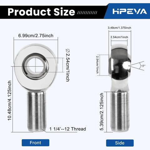 One Pair 1 1/4 Inch Heims Rod Ends With Right And Left Hand Thread Heat Treated Chromoly Alloy size dimensions front and side views