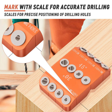 Angled Drill Guide Jig For Cable Railing Posts And Decks With 30 45 90 Degree Holes Four Bit Kit shown in use on wood