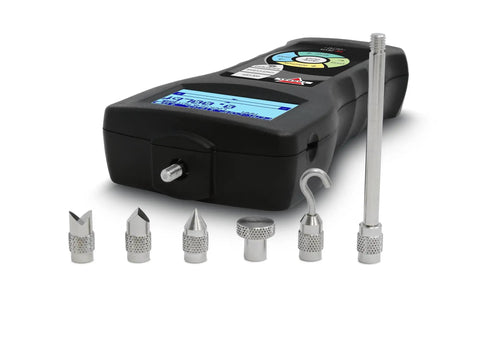 Pro Grade Workhorse Digital Force Gauge For Tension And Compression Testing with stainless steel adapters, sharp screen, and black body.