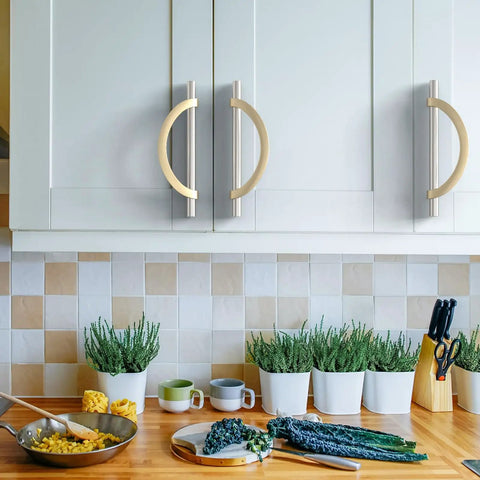 10 Pack Brushed Satin Nickel And Gold Cabinet Pulls With 5 Inch Hole Centers on kitchen cabinets with modern decor.