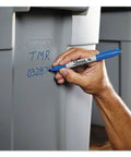 Using a Premium Fine Tip Permanent Marker In Solid Black Pack Of 5 Quick Drying Bold Ink on a plastic storage container.