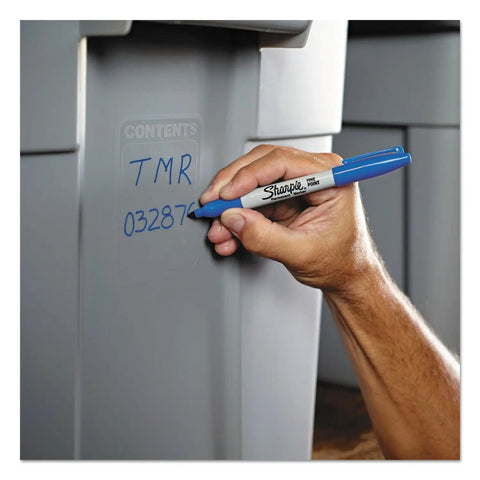 Using a Premium Fine Tip Permanent Marker In Solid Black Pack Of 5 Quick Drying Bold Ink on a plastic storage container.