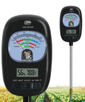 7 In One Soil Test Kit With Moisture Meter, PH Tester, Sunlight Intensity, fertility tester in a field; LCD display showing readings