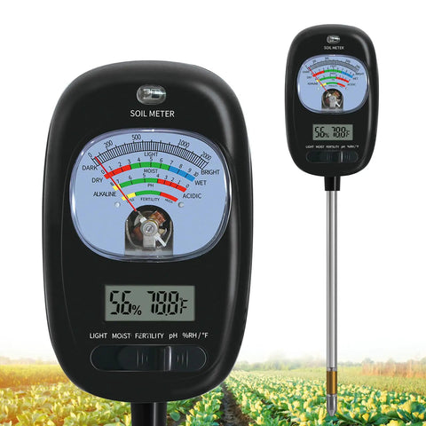 7 In One Soil Test Kit With Moisture Meter, PH Tester, Sunlight Intensity, fertility tester in a field; LCD display showing readings
