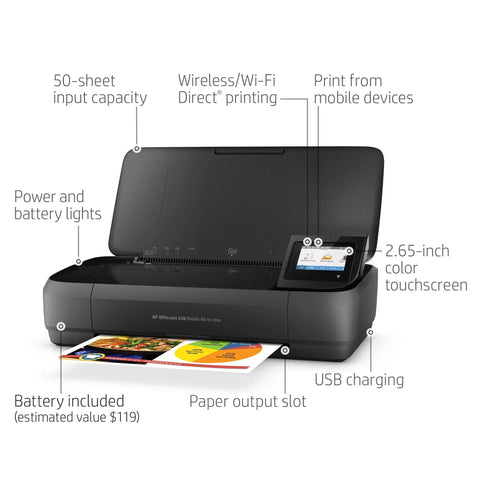 OfficeJet 250 Wireless Mobile Printer Scanner Copier With Battery Included All In One On The Go Portable Printer For Laptop Tablet And Phone Ideal For Business On The Move showing touch display and paper output