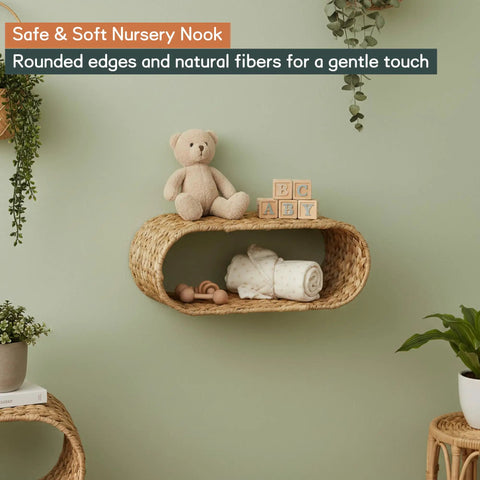 No Fuss Slick Wall Mounted Wicker Shelf Bathroom Organizer Rattan Hanging Toilet Paper Holder Basket Mega Roll Storage Rack Sweet Spot Dispenser For Legit Home Decor with teddy bear and toys.