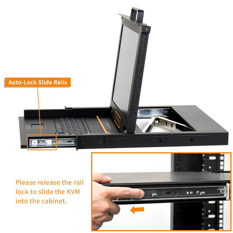 Heavy Duty Single Port Rack Mount KVM Console With A Crisp 17 Inch LCD Screen and Comfort Keys, showing auto-lock slide rails.