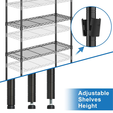 Rock Solid Three Tier Heavy Duty Wire Shelving System Featuring Adjustable Metal Storage Rack In Matte Black Finish with adjustable shelf height detail.
