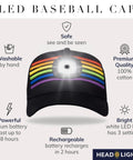 Rechargeable LED Baseball Cap With Built In USB Light And 3 Brightness Levels For Running Walking Golf And Camping Hands Free Lighted Hat, black cap with rainbow design and LED on front