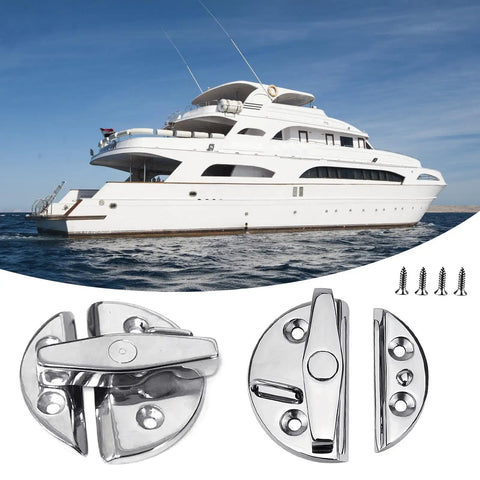 Top Shelf 316 Stainless Steel Boat Door Catch Latch with 180 Degree Rotating Round Knob, showcased with yacht in background.