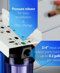Heavy Hitter Whole House Water Filter Knocks Out 99 Percent Chlorine Grime And Rust With Three Stage Filtration showing pressure release for easy installation.