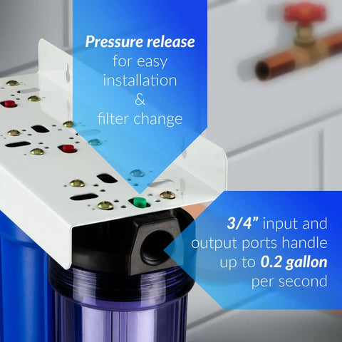 Heavy Hitter Whole House Water Filter Knocks Out 99 Percent Chlorine Grime And Rust With Three Stage Filtration showing pressure release for easy installation.