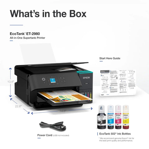 ET-2980 EcoTank Wireless All-In-One Color Supertank Printer with ink bottles, power cord, and guide displayed