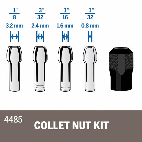 Quick Change Rotary Tool Collet Nut Set Five Piece Kit With 480 481 482 483 Collets And Nut diagram showing sizes