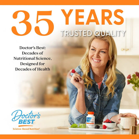 Smiling woman holding supplement, Doctor's Best bottle on table, 35 Years Trusted Quality branding in background.