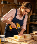 Woman using a 21V Cordless Drill And Screwdriver Set for precision work on light materials in a workshop.