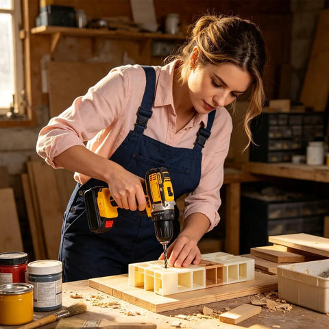 Woman using a 21V Cordless Drill And Screwdriver Set for precision work on light materials in a workshop.