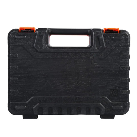 Heavy Duty 46 Piece Metric Socket Set With Heat Treated Steel And One Quarter Inch Drive In A Rugged Carry Case front view with handle and latches