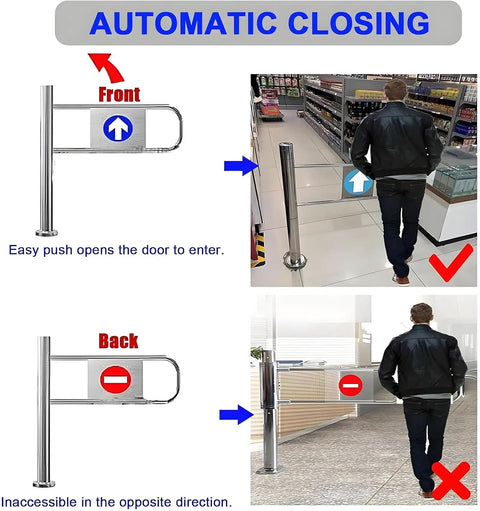 Built Tough Spring Loaded Safety Swing Gate One Way Auto Closing Pedestrian Door Right Hand display showing entry and exit directions.