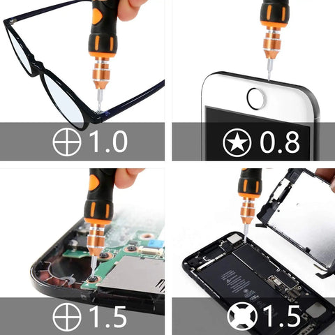Magnetic Precision Screwdriver Set With 36 Bit Types 43 In 1 Repair Kit used on glasses, phone, and electronics.