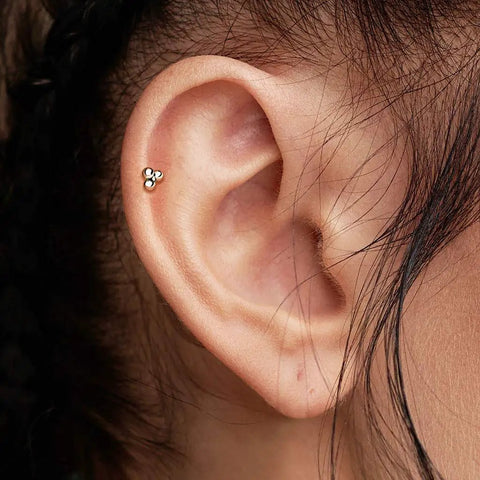 Gold PVD Titanium Threadless Push In Triple Ball Cluster Flat Back Ear Stud For 16 20 Gauge 6mm Or 8mm Bar Length 3mm Balls Implant Grade ASTM F 136 Body Jewelry on ear