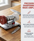 Compact Desktop Sanding And Polishing Machine With Easy As Pie Plug And Go Setup on wooden counter with kitchen knife.