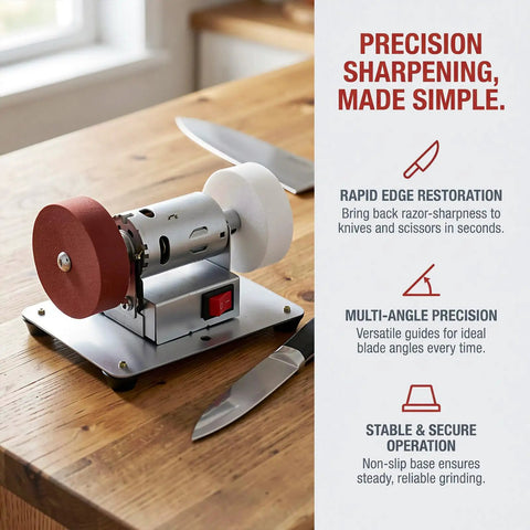 Tough Desktop Belt Sander And Badass Knife Sharpener Featuring Adjustable Grinding Angles Easy Plug-In Design Compact Motorized Finishing Machine Perfect For Rust Removal And Metalwork Jobs on a wooden table.