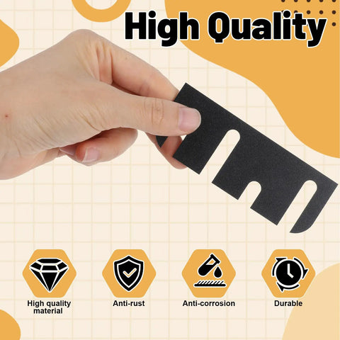 Hand holding a black shim from the Door Hinge Shims Kit for Easy Alignment and Gap Filling, 12 Pcs Adjustable 0.050 Inch Thick Spacers for 4 Inch Hinges.