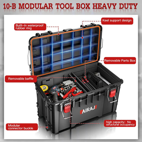 Heavy Duty 3 Tier Rolling Tool Box With Wheels, All Terrain Waterproof Storage System, open view showing compartments and tools