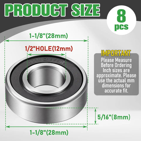 8 Pack Heavy Duty 1/2 Inch Id By 1 1/8 Inch Od Carbon Steel Ball Bearings with size details on a white background.