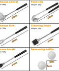 Golf Themed 8 Piece Barbecue Grill Utensils Set With Golf Club Spatula Golf Ball Tongs And Two Golf Ball Salt And Pepper Shakers For Outdoor Cooking And Camping shown with dimensions and weights.